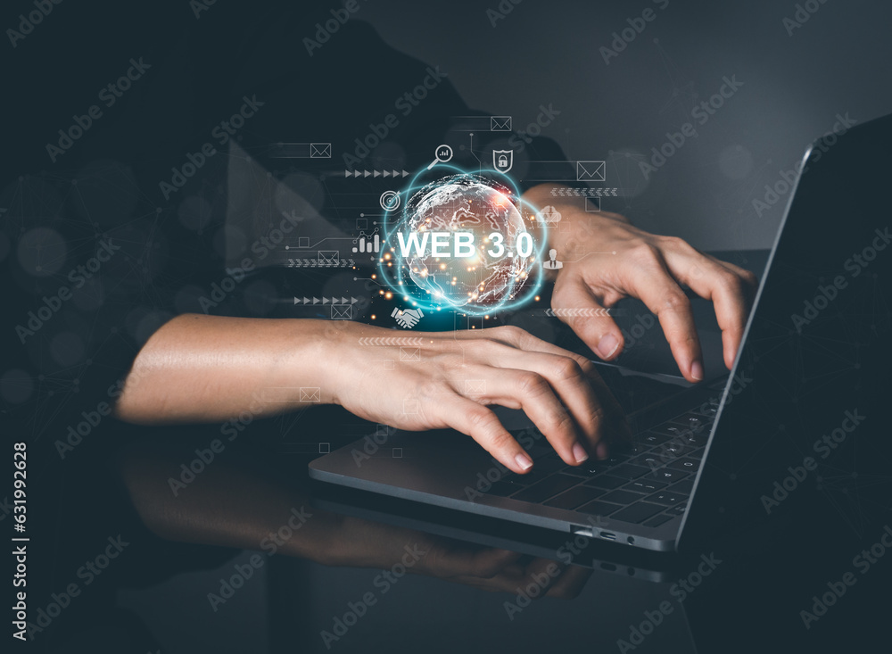 Poster web 3.0 concept image with businessman hand show web 3.0 with globe. technology global network, bloc