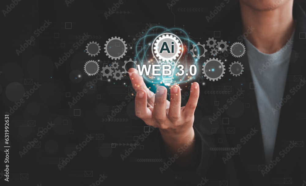 Poster web 3.0 concept image with businessman hand show web 3.0 with globe. technology global network, bloc