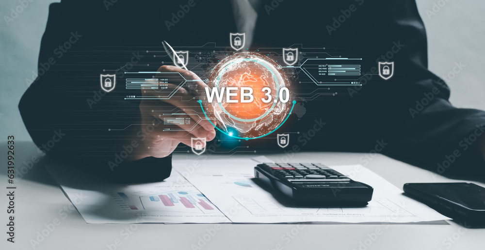Poster web 3.0 concept image with businessman hand show web 3.0 with globe. technology global network, bloc