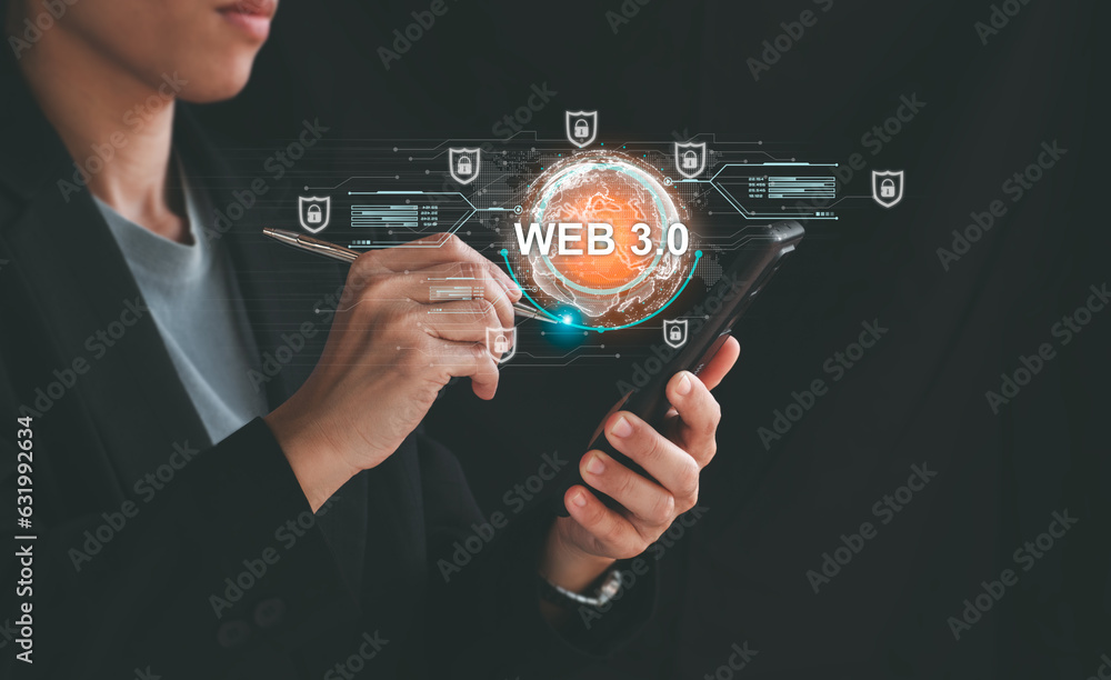 Poster web 3.0 concept image with businessman hand show web 3.0 with globe. technology global network, bloc