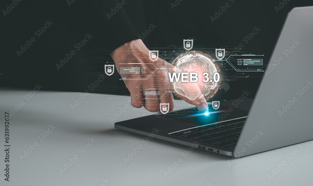 Aufkleber web 3.0 concept image with businessman hand show web 3.0 with globe. technology global network, bloc