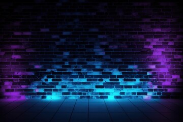 Abstract blue background with squares. Black brick wall background with neon lighting effect from pink and purple to blue. Generative AI
