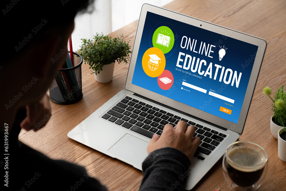 Poster e-learning website with modish sofware for student to study online on the internet network