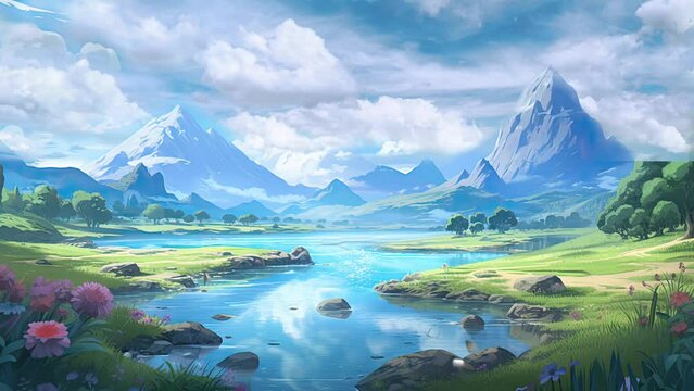 beutiful natural landscape background. anime or cartoon style. seamless looping time-lapse virtual video animation background.