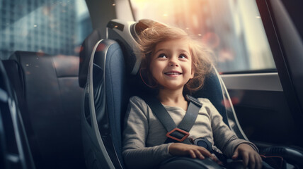 photograph of Happy girl in a child car seat wearing a seatbelt while traveling by car. generative ai. Safe movement of children in the car.generative ai - obrazy, fototapety, plakaty