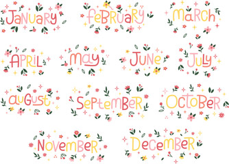 Set Collection Colorful floral month lettering vector Illustration