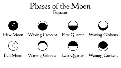 Simple minimal design icon set of phases of the moon at the Equator. Astrological, astronomical moonlight activity scheduler. Month cycle element isolated on white vector illustaration. - obrazy, fototapety, plakaty