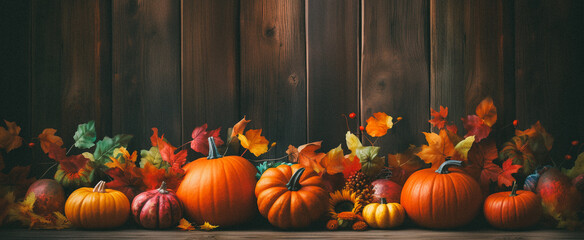 Colorful autumn background on wood floor with pumpkins and leaves
