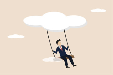 Business opportunity, leadership vision to see corporate strategy to achieve target concept, savvy entrepreneur sits on a high swing in the cloud to seek business visionary.