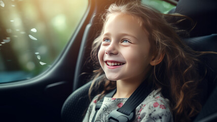 photograph of Happy girl in a child car seat wearing a seatbelt while traveling by car. generative ai. Safe movement of children in the car.