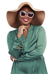 Fashion, sunglasses and portrait of black woman with smile on isolated, png and transparent...