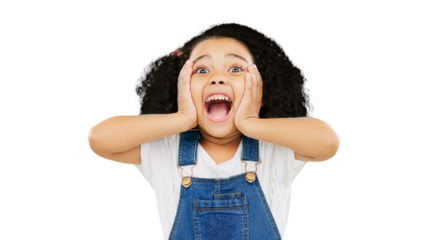 Wow, news and surprise with face of child on png for notification, gossip and shocked. Rumor, announcement and alert with young girl isolated on transparent background for crazy sale and deal