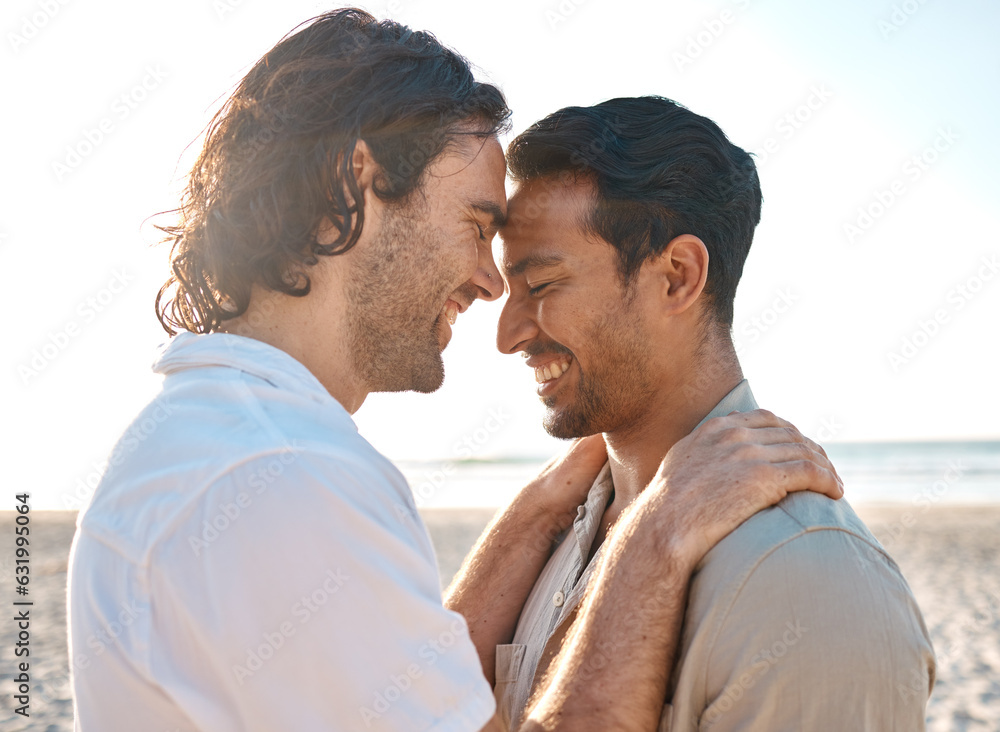 Poster Love, hug and gay men on beach, romance and smile on summer vacation together in Thailand. Sun, ocean and island, happy lgbt couple embrace in nature on fun tropical holiday with pride, sea and sand.