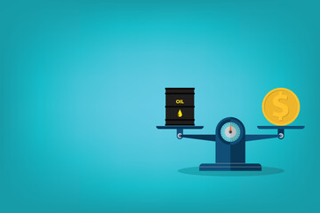 Naklejka premium Oil price. Scales with oil barrel and gold, dollar coin. 