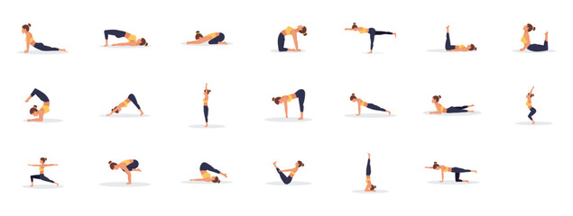 Set of slim sportive young woman doing yoga fitness exercises. Healthy lifestyle. Collection of female cartoon characters demonstrating various yoga positions - Vector set