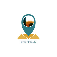 UK, England, Sheffield map pin point, geolocation icon, skyline shape vector logo, isolated illustration. United Kingdom, South Yorkshire townscape emblem concept with landmarks and buildings