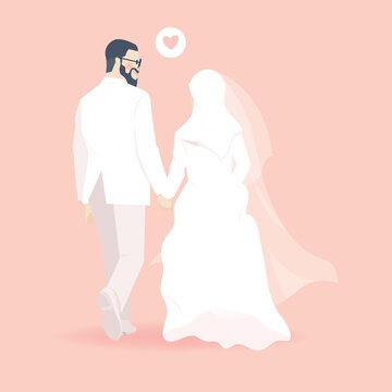 Pink Peach Wedding Muslim Couple Portrait Walking Together from Backside - Nikah Walima Wedding Save the date