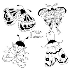 Collection of insects, butterflies or wild moths, mystical symbols, hand drawn vintage drawings for wedding card or logo. Arthropod illustration on white background.