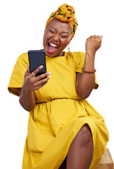 Phone, scream and happy black woman celebrate surprise news notification, winner announcement or...