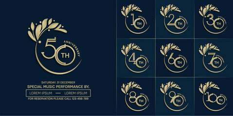 set of anniversary logotype golden color with swoosh and ornament for special celebration event - obrazy, fototapety, plakaty