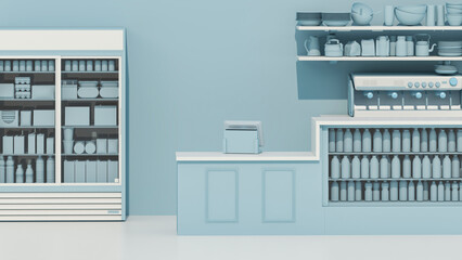 The green model of Convenience store.Vending machine with pastel blue background, 3d rendering. Flat colors, single color, restaurant furniture.
