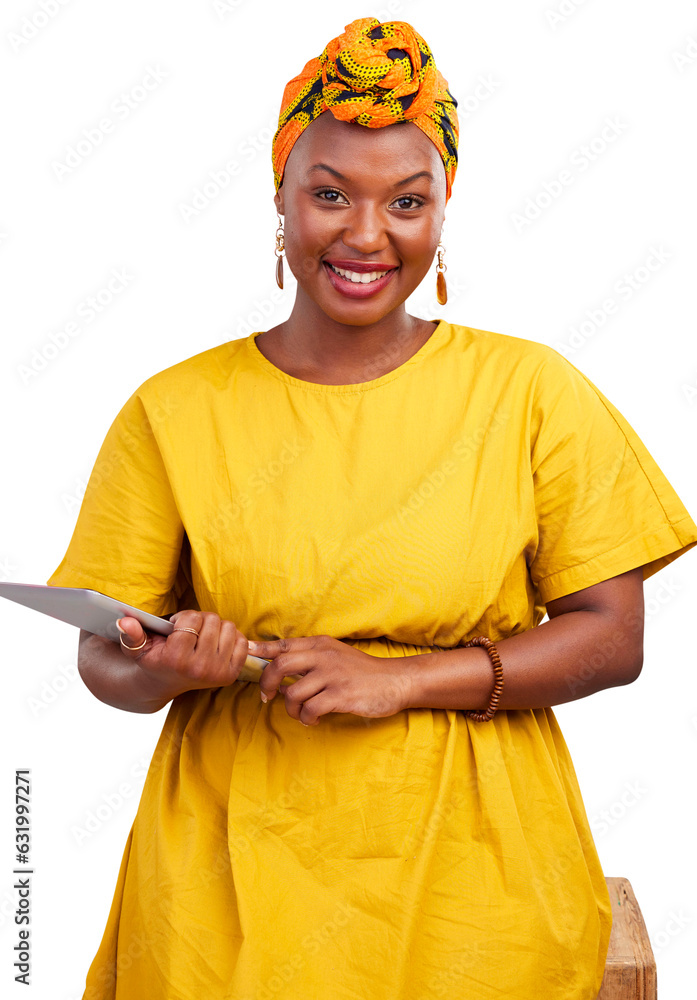 Poster Tablet, smile and business with portrait of black woman on png for web design, creative and social media. Search, technology and online with person isolated on transparent background for networking