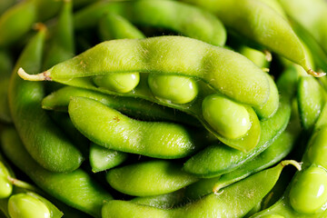 Boiled green soybeans in a bowl.
