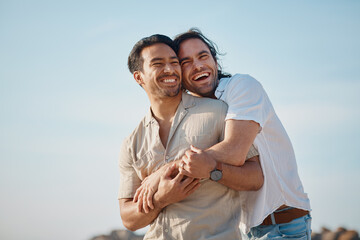 Love, hug and gay men with blue sky, embrace and smile on summer vacation together in Thailand. Sunshine, romance and marriage, happy lgbt couple relax in nature on island holiday with pride and fun. - obrazy, fototapety, plakaty