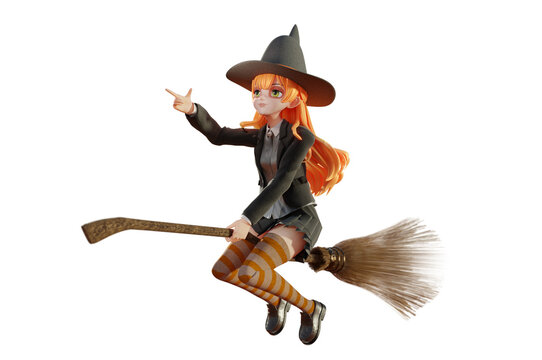 3D illustration. Witch flying on a broomstick