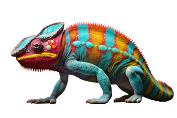 Obraz premium Abstract of lizard chameleon portrait isolated on white background with multi colored colorful on skin body and scales paint, reptile animal, Vibrant bright, with Generative AI.
