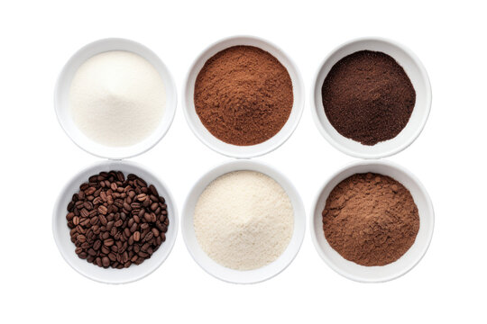 Top flat view of various type coffee grounds, grinder, and power in white bowl or pot isolated on white background, raw ingredients material of drinks, with Generative Ai.
