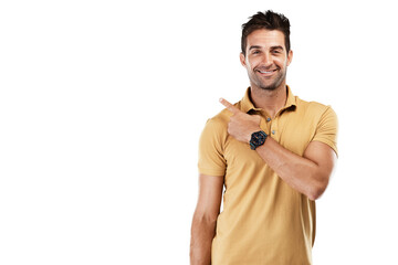 Happy man, portrait or pointing to an offer, brand retail product or discount deal isolated on png...