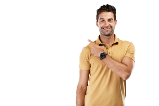 Happy man, portrait or pointing to an offer, brand retail product or discount deal isolated on png background. Transparent, smile or male person showing a sale, news info or menu choice promotion