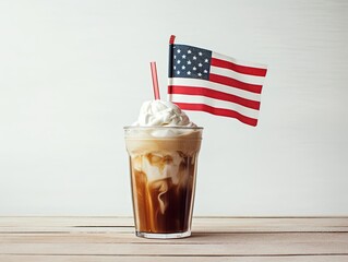 glass of root beer with flag