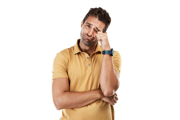 Portrait, sad and crying man isolated on a transparent png background with stress, anxiety and...