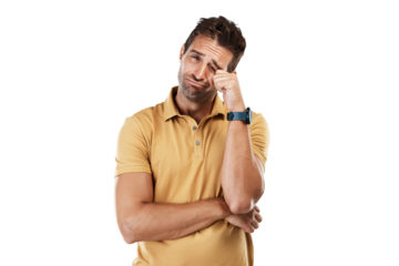 Portrait, sad and crying man isolated on a transparent png background with stress, anxiety and depression. Unhappy, tired and depressed male model feeling emotional, worried and frustrated with tears