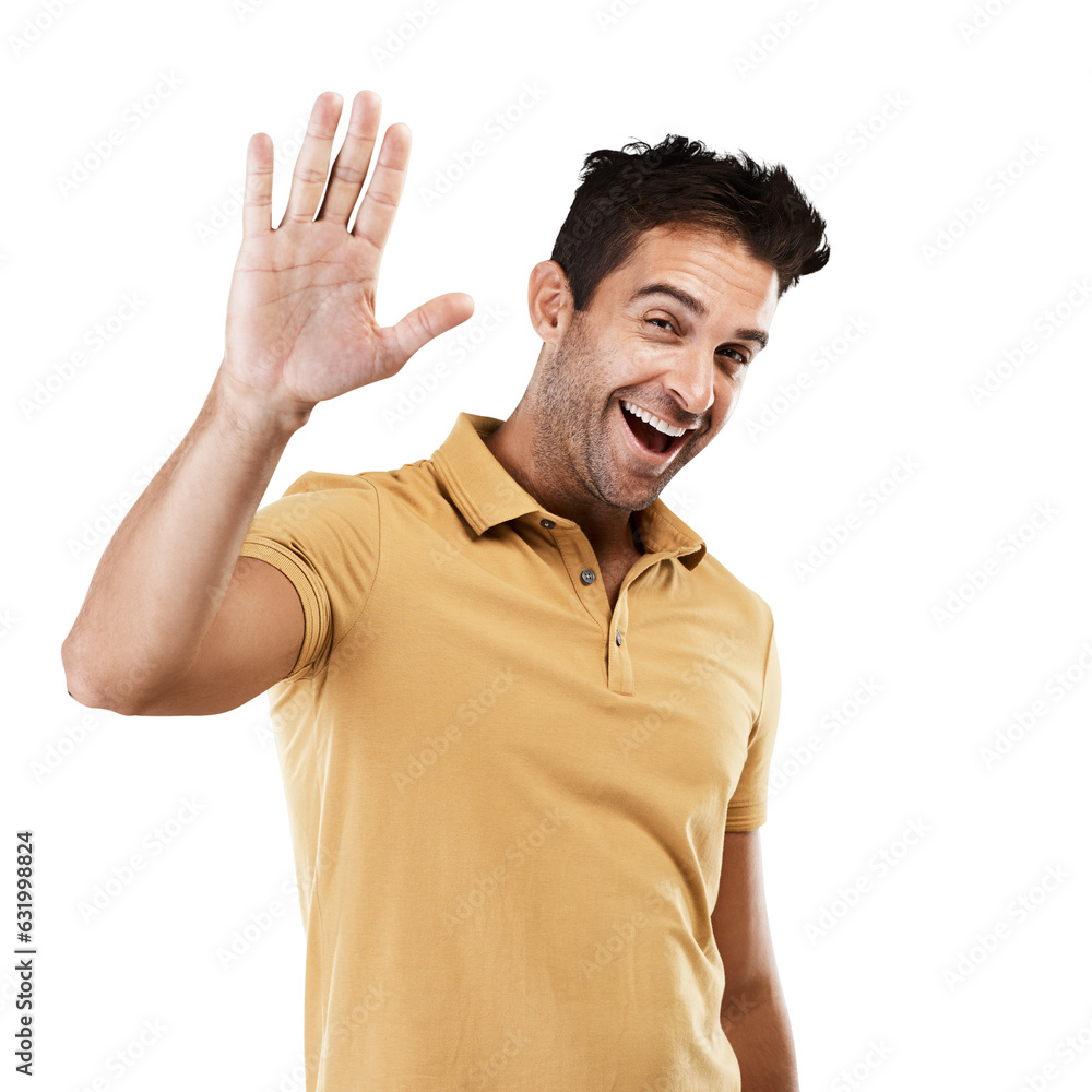 Poster isolated man, wave and smile in portrait with hello, greeting and respect by transparent png backgro