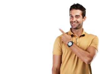 Portrait, pointing up or happy man with sales offer, deal or discount isolated on transparent png background. Smile, presentation or person showing service results, news info or menu choice options