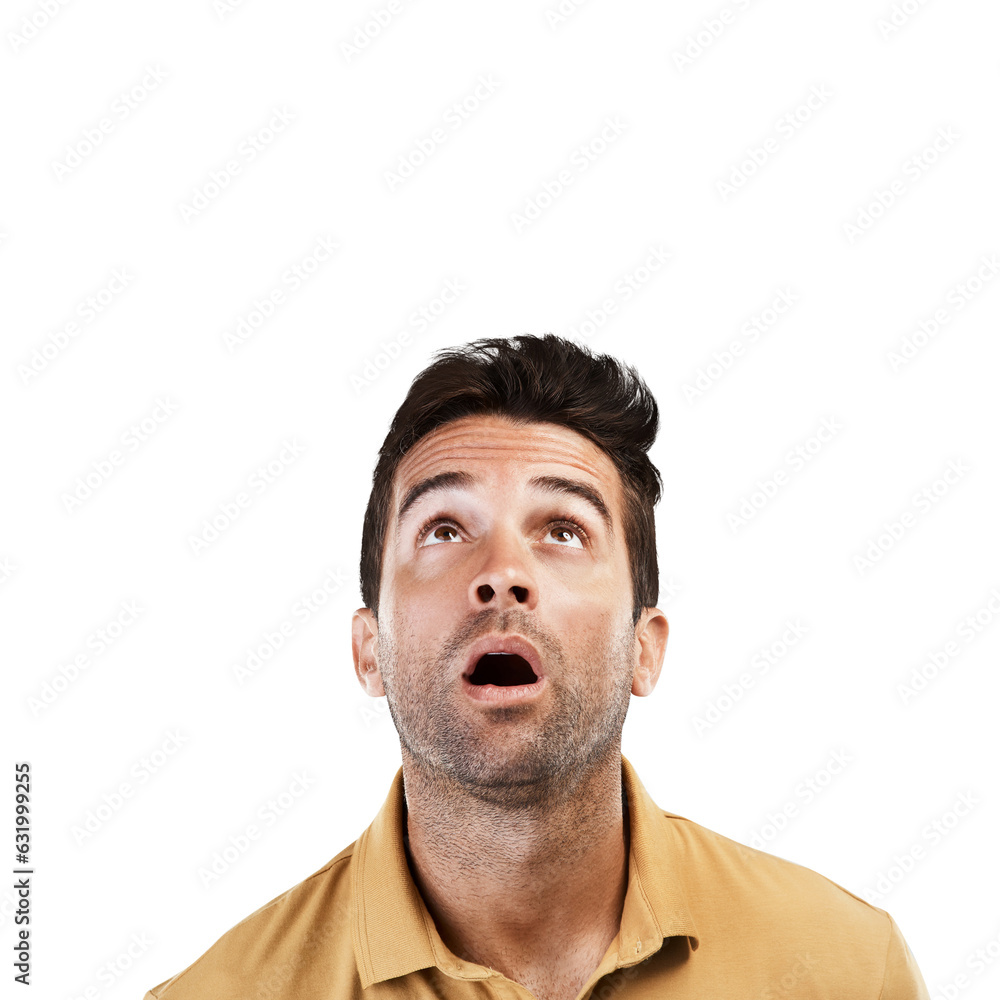 Poster Isolated man, thinking and face with wow, ideas or question with brainstorming by transparent png background. Guy, problem solving and surprise with mind, looking or wonder for announcement of sale