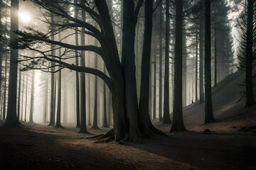 Naklejka premium misty morning in the forest