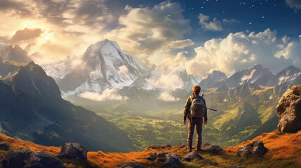 Naklejka na ściany i meble Backpacker against a majestic mountain landscape. Generative AI
