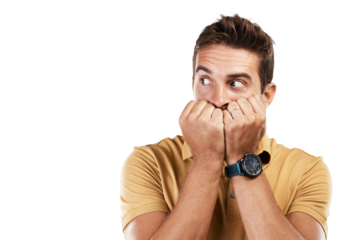 Man, face and scared with hands on mouth for anxiety, fear and nervous stress on isolated, transparent or png background. Worried model, emoji or biting nails for bad news, mistake and terror crisis