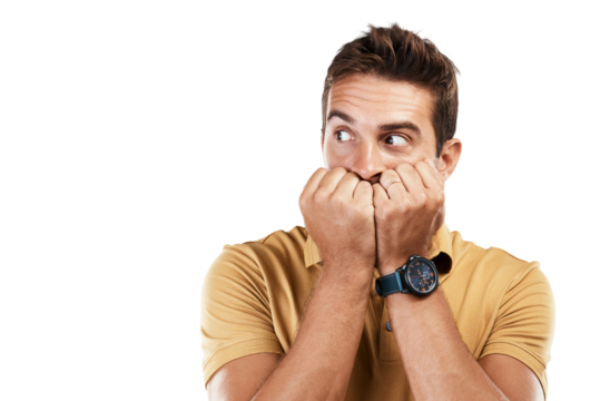 Man, face and scared with hands on mouth for anxiety, fear and nervous stress on isolated, transparent or png background. Worried model, emoji or biting nails for bad news, mistake and terror crisis