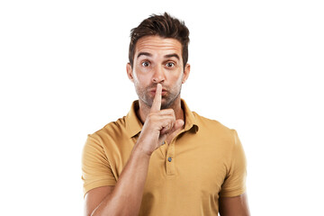 Man, portrait and finger on lips for secret, quiet and gossip news on isolated, transparent and png background. Model, face and privacy emoji in hands on mouth for noise control, whisper and silence - obrazy, fototapety, plakaty