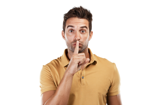 Man, portrait and finger on lips for secret, quiet and gossip news on isolated, transparent and png background. Model, face and privacy emoji in hands on mouth for noise control, whisper and silence - Powered by Adobe