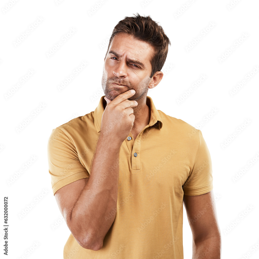 Poster Man, thinking and confused face in planning, vision and future ideas on isolated, transparent or png background. Doubt, questions or model portrait in problem solving for solution, decision or choice