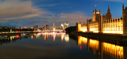 Ultra Wide Panoramic of Illuminated River Thames at London eye from Westminster, Big Ben clock...