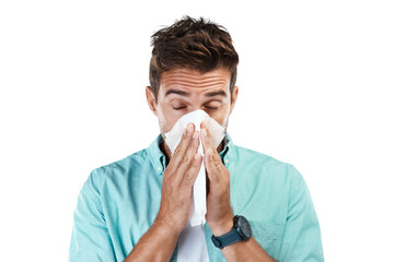 Allergy, blowing nose or man sick with hay fever illness, flu disease or virus by sneezing with tissue. Sinus bacteria, face or male person with toilet paper isolated on transparent png background