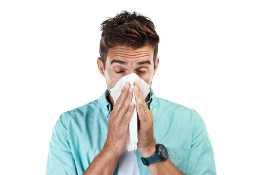 Allergy, blowing nose or man sick with hay fever illness, flu disease or virus by sneezing with tissue. Sinus bacteria, face or male person with toilet paper isolated on transparent png background - Powered by Adobe