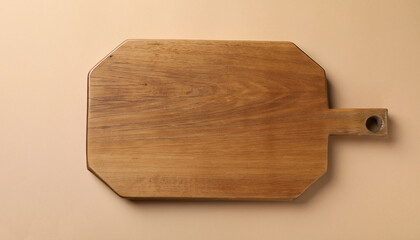 One wooden board on beige background, top view. Space for text
